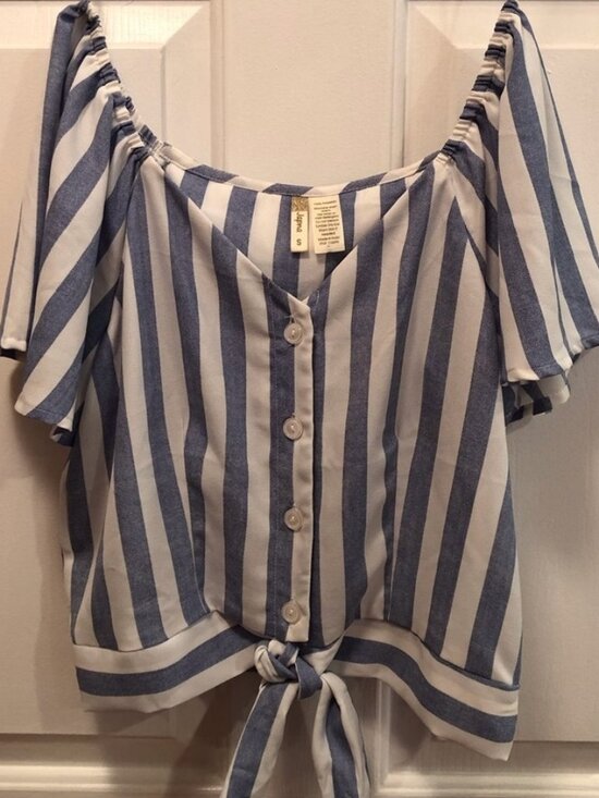 Tops - Blue and White Striped Off the Shoulder Top, Size S